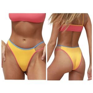 NWT Stone Fox Echo High-Waisted Bikini Bottom Honeycomb Sunset yellow XS